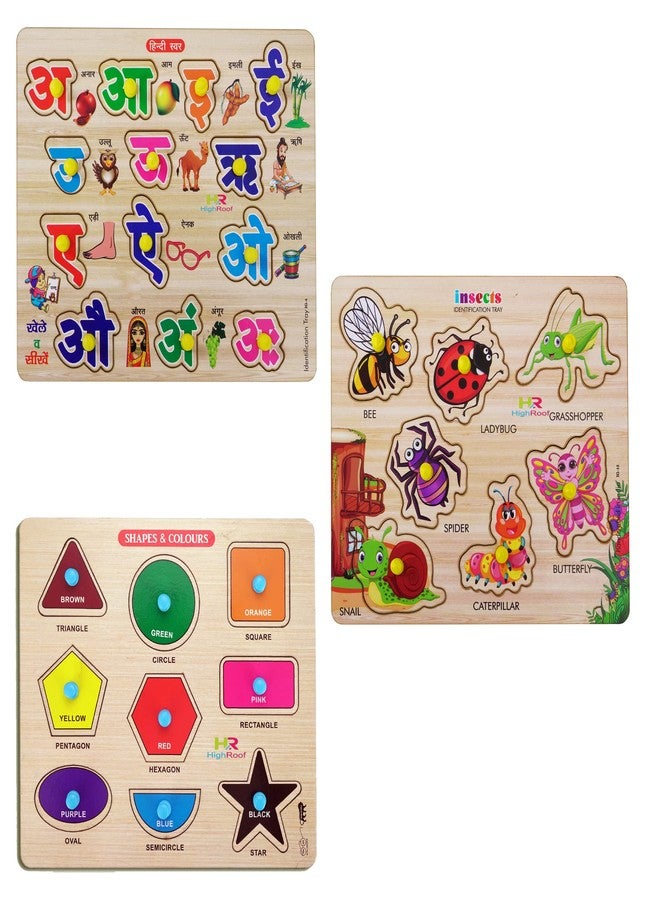 HIGHROOF® Kids Fort Pre Nursery Educational Jigsaw Puzzles for Adults Kids Learning Toys Kit Board Game 3 pcs Set of Hindi Letters Insects & Shapes & Colours Educational Toy - Image 1